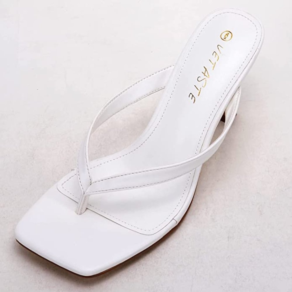 VETASTE Womens Kitten Thong Heels Square Toe Heeled Flip Flops Mule Sandal